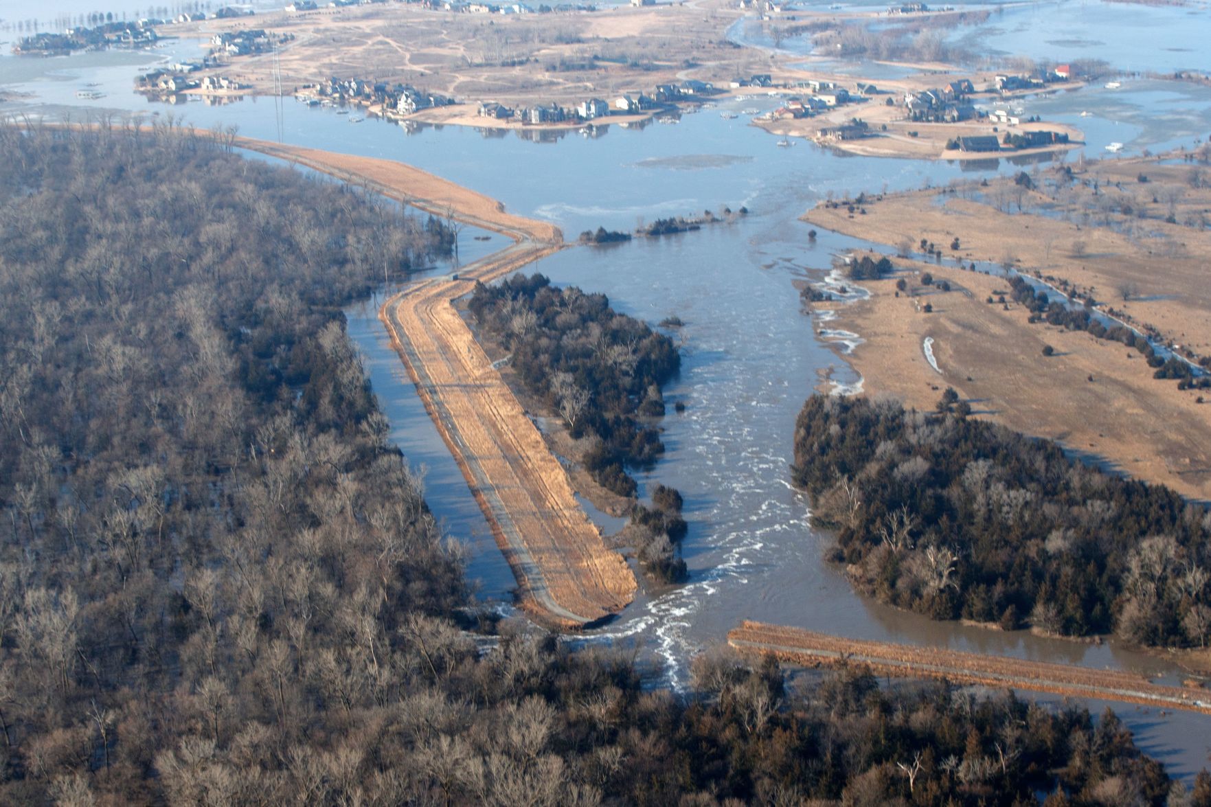 A levee breach is shown on the Platte River near Ashland on Sunday.